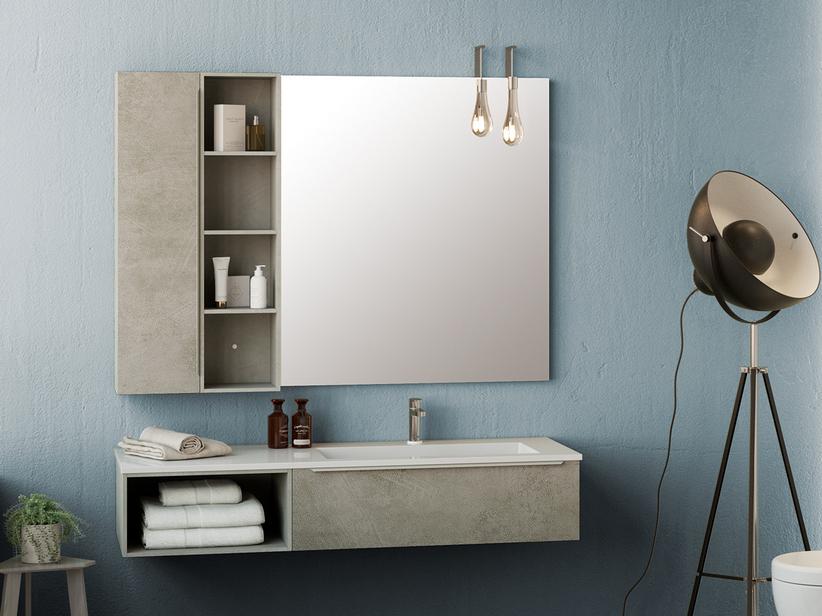 Meuble de salle de bains Trendy 141 cm ciment avec lavabo Hide à droite blanc brillant | IperCeramica