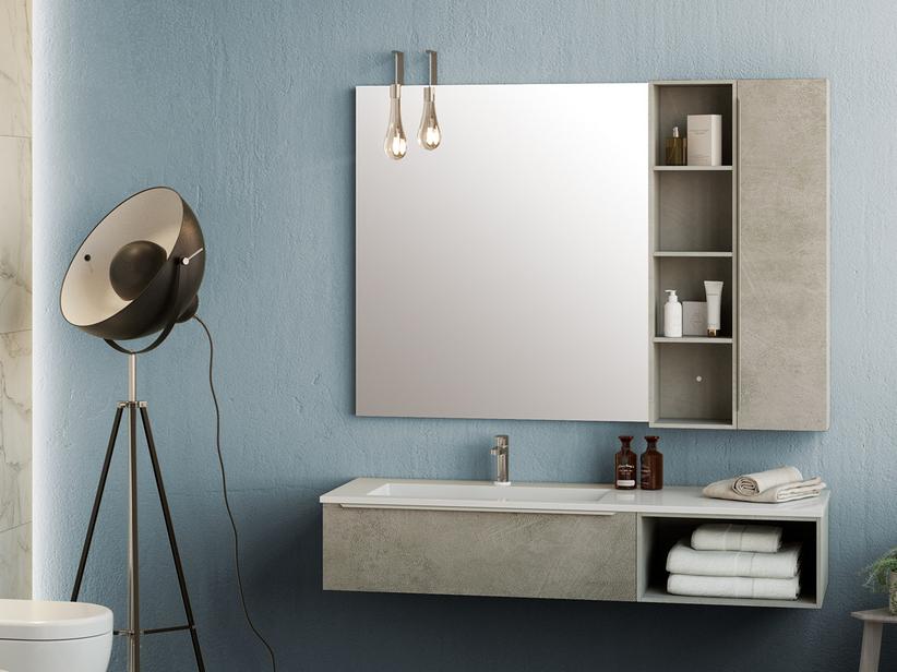 Meuble de salle de bains Trendy 141 cm ciment avec lavabo Hide à gauche blanc mat | IperCeramica
