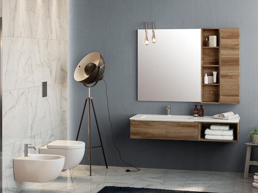 Meuble de salle de bains Trendy 141 cm noyer Belgravia lavabo Hide gauche blanc brillant | IperCeramica