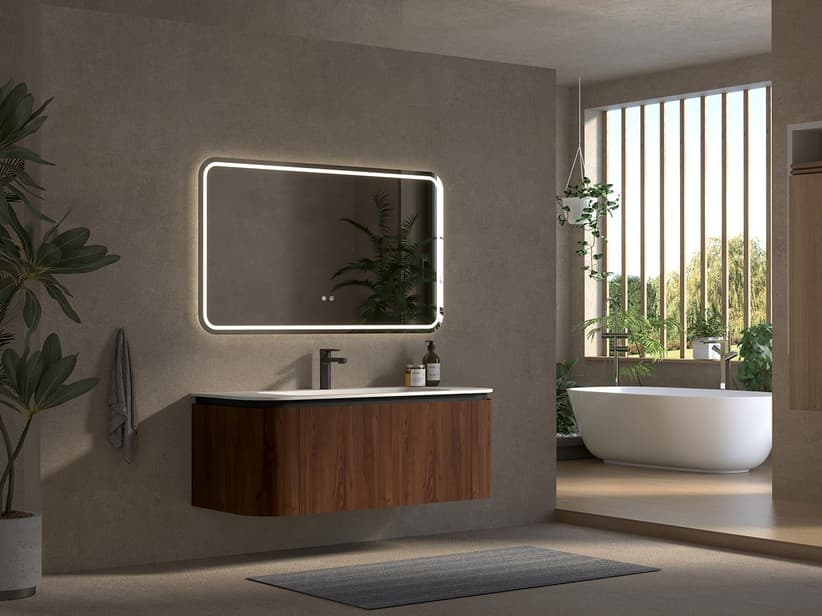 Meuble de salle de bains Tide 120 cm 3 tiroirs en bois multiplis noyer avec lavabo en Solid Surface blanc mat | IperCeramica