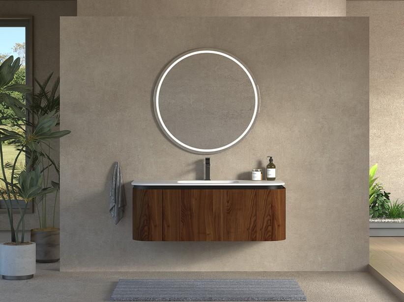 Meuble de salle de bains Tide 120 cm 3 tiroirs en bois multiplis noyer avec lavabo en Solid Surface blanc mat | IperCeramica