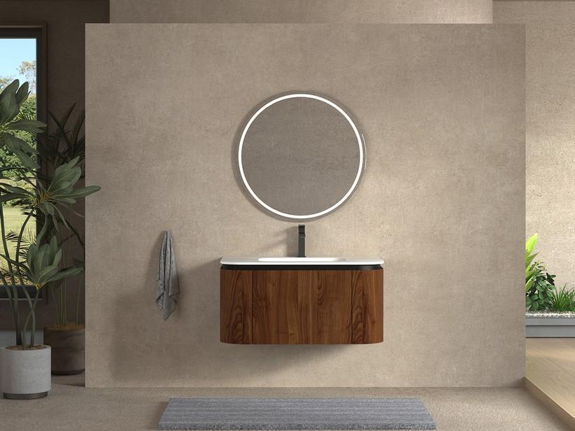 Meuble de salle de bains Tide 90 cm 3 tiroirs en bois multiplis noyer avec lavabo en Solid Surface blanc mat | IperCeramica