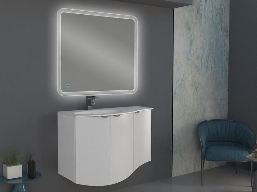 Meuble salle de bain incurvé Wave 104 cm blanc mat et lavabo en verre gauche blanc brillant | IperCeramica