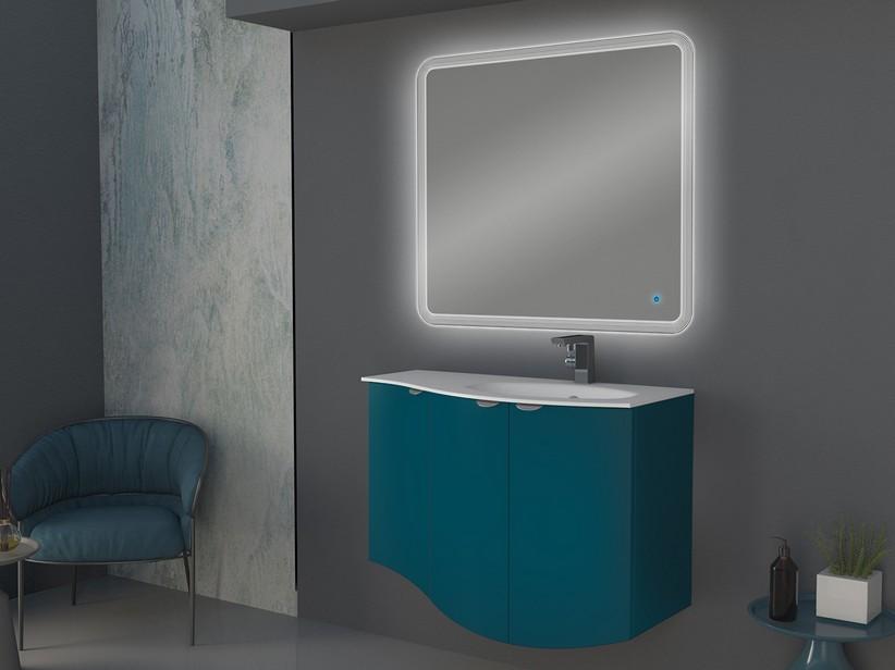 Meuble salle de bain incurvé Wave 104 cm bleu pétrole mat et lavabo en verre droite blanc brillant | IperCeramica