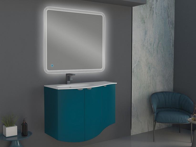 Meuble salle de bain incurvé Wave 104 cm bleu pétrole mat et lavabo en verre gauche blanc brillant | IperCeramica
