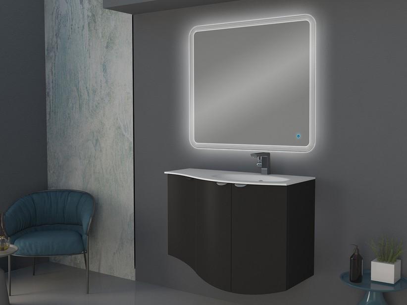 Meuble salle de bain incurvé Wave 104 cm graphite mat et lavabo en verre droite blanc brillant | IperCeramica