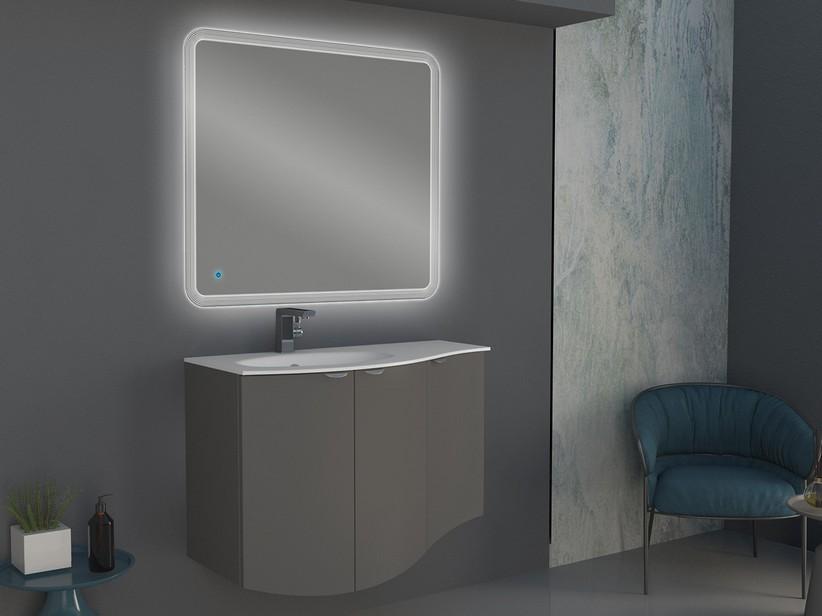 Meuble salle de bain incurvé Wave 104 cm gris mat et lavabo en verre gauche blanc brillant | IperCeramica