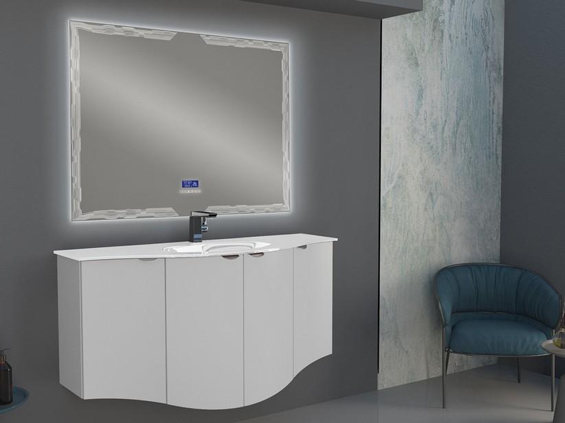 Meuble salle de bain incurvé Wave 138 cm blanc mat et lavabo en verre vasque centrale blanc brillant | IperCeramica