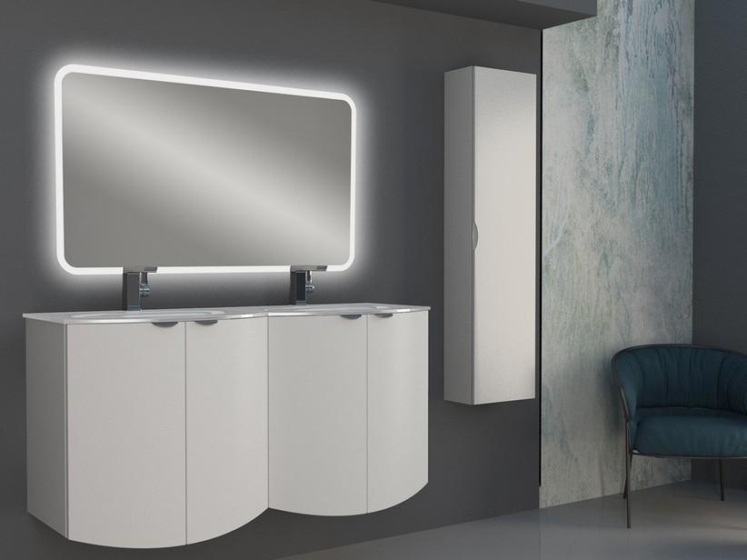 Meuble salle de bain incurvé Wave 138 cm blanc mat et lavabo en verre double vasque blanc brillant | IperCeramica