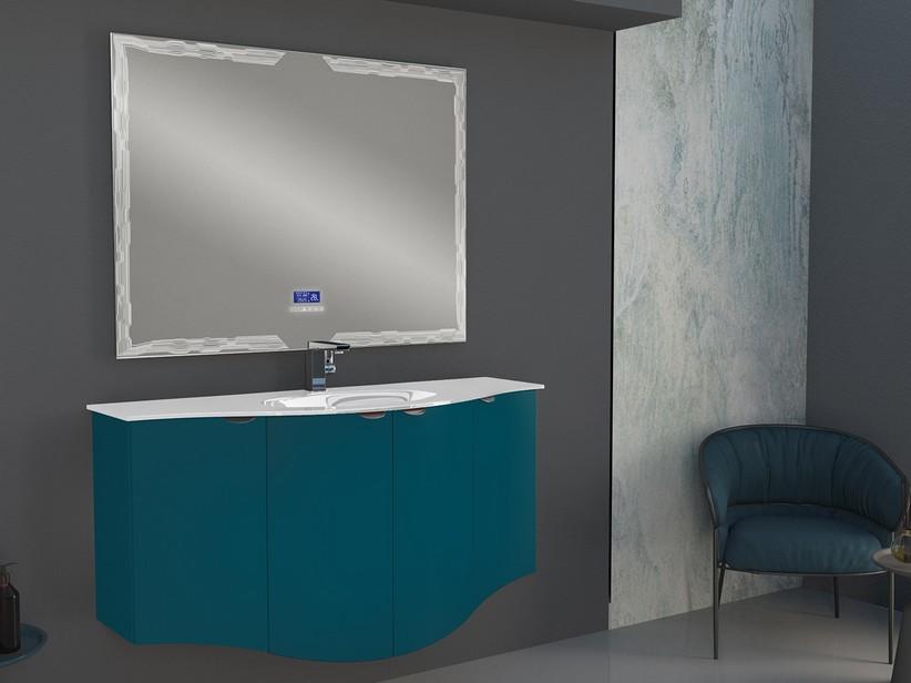 Meuble salle de bain incurvé Wave 138 cm bleu pétrole mat et lavabo en verre vasque centrale blanc brillant | IperCeramica