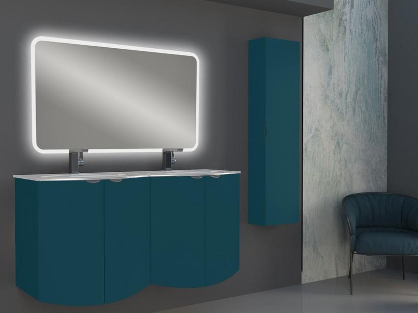 Meuble salle de bain incurvé Wave 138 cm bleu pétrole mat et lavabo en verre double vasque blanc brillant | IperCeramica