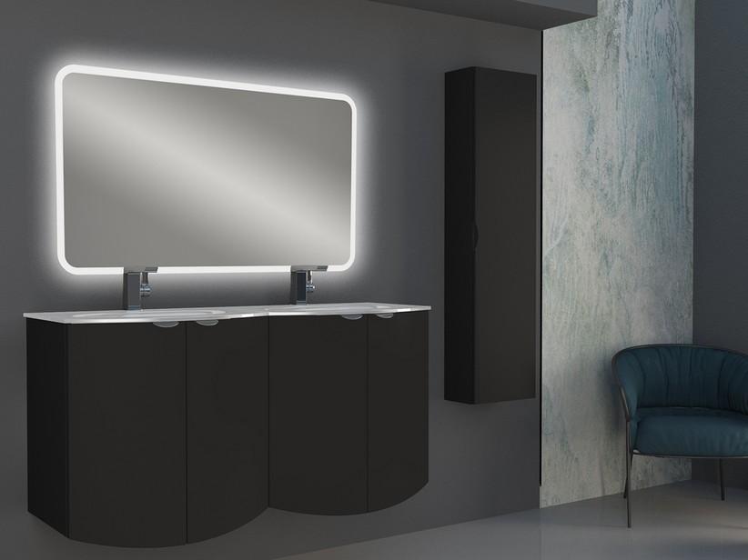 Meuble salle de bain incurvé Wave 138 cm graphite mat et lavabo en verre double vasque blanc brillant | IperCeramica