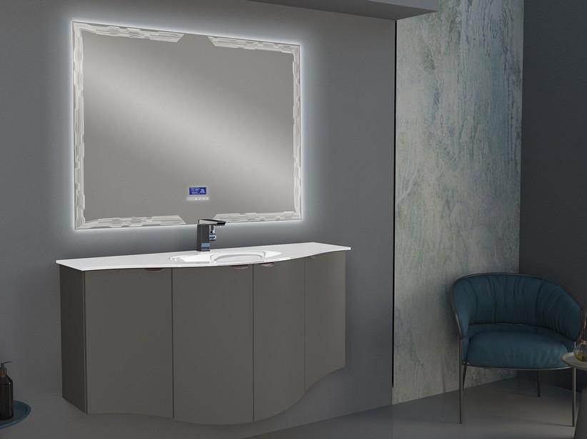 Meuble salle de bain incurvé Wave 138 cm gris mat et lavabo en verre vasque centrale blanc brillant | IperCeramica