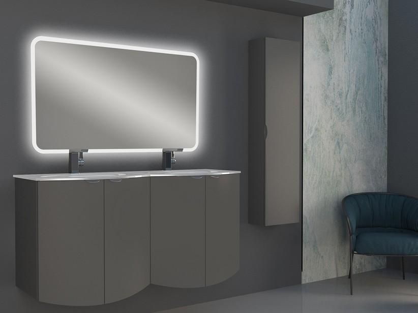 Meuble salle de bain incurvé Wave 138 cm gris mat et lavabo en verre double vasque blanc brillant | IperCeramica