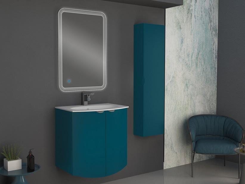 Meuble salle de bain incurvé Wave 70 cm bleu pétrole mat et lavabo en verre blanc brillant | IperCeramica