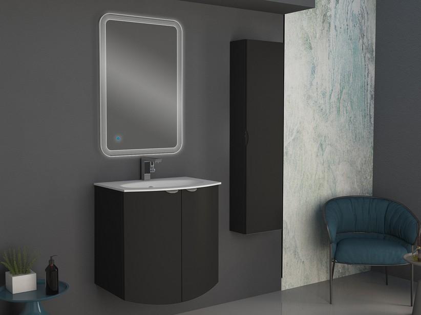 Meuble salle de bain incurvé Wave 70 cm graphite mat et lavabo en verre blanc brillant | IperCeramica