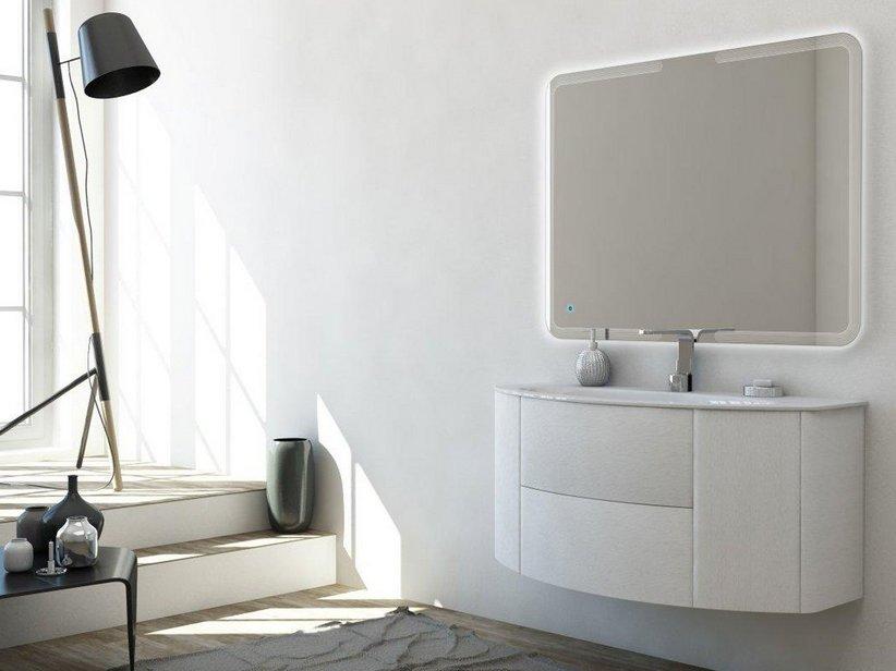 Meuble de salle de bains incurvé Modo 121 cm frêne et lavabo blanc brillant | IperCeramica