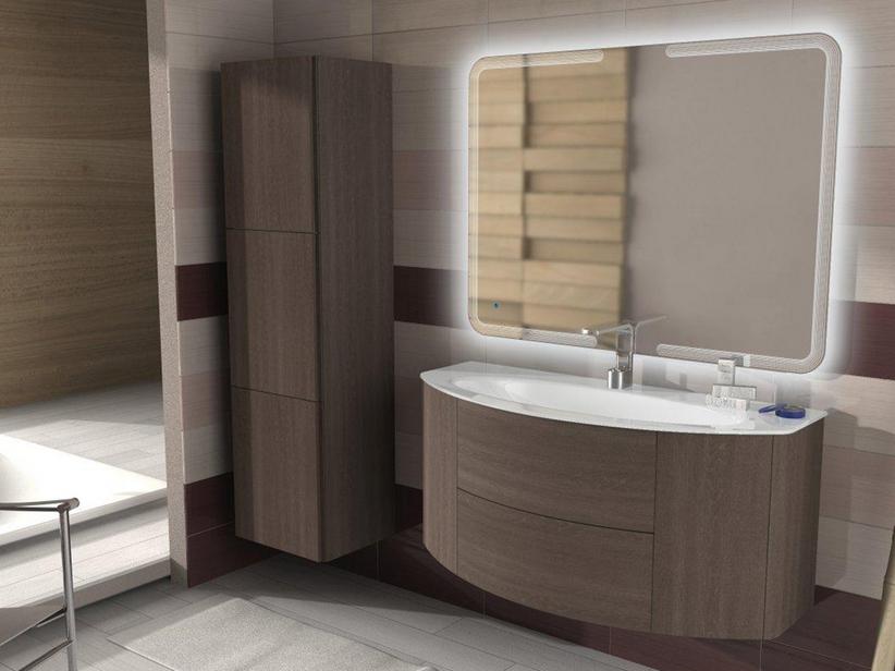 Meuble de salle de bains incurvé Modo 121 cm chêne foncé Soft et lavabo blanc brillant | IperCeramica