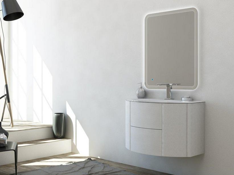 Meuble de salle de bains incurvé Modo 92 cm frêne et lavabo blanc brillant | IperCeramica
