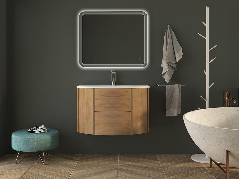 Meuble de salle de bains incurvé Modo 92 cm chêne tabac et lavabo blanc brillant | IperCeramica
