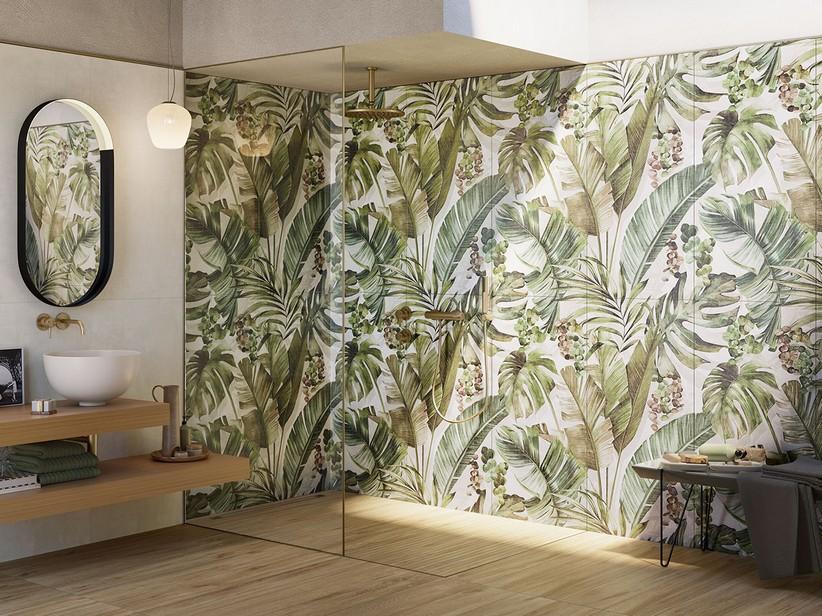 Carrelage Murales Polinesia composition 120x120 grès cérame effet papier peint tropical | IperCeramica