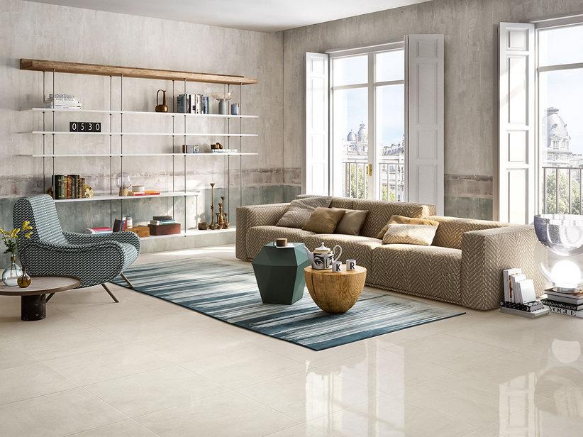 Carrelage Must White 60x60 grès cérame effet béton blanc ivoire poli | IperCeramica
