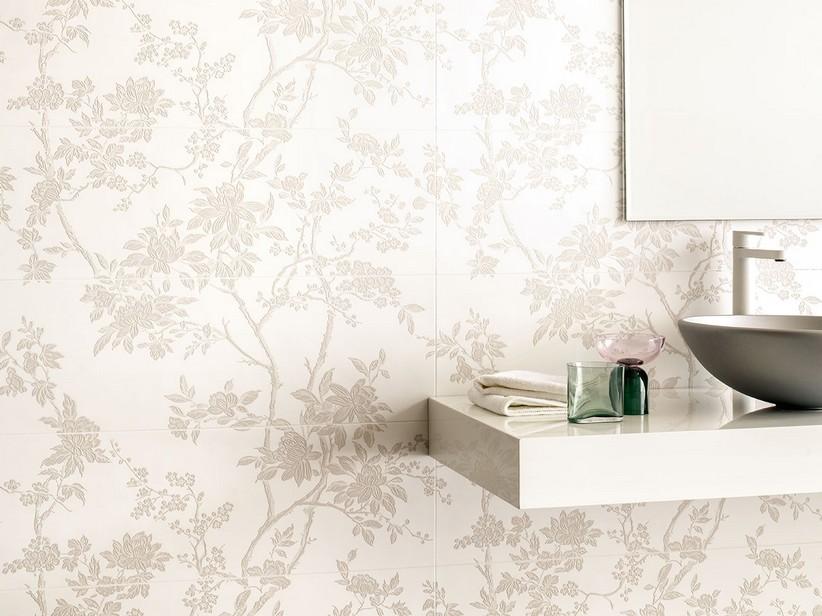 Carrelage Mural Mywhite Romance composition 75x75 effet papier peint floral 3D blanc | IperCeramica