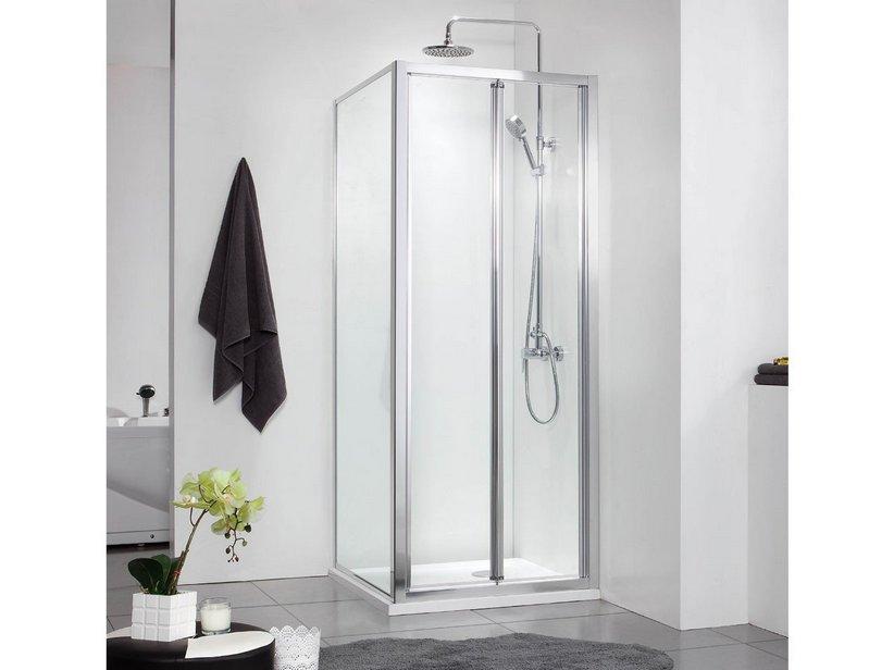 Cabine de douche d'angle Neptum 80x80 h190 Ext 77/81 - 78/80 porte pliante et paroi latérale verre transparent 5 mm chrome | IperCeramica