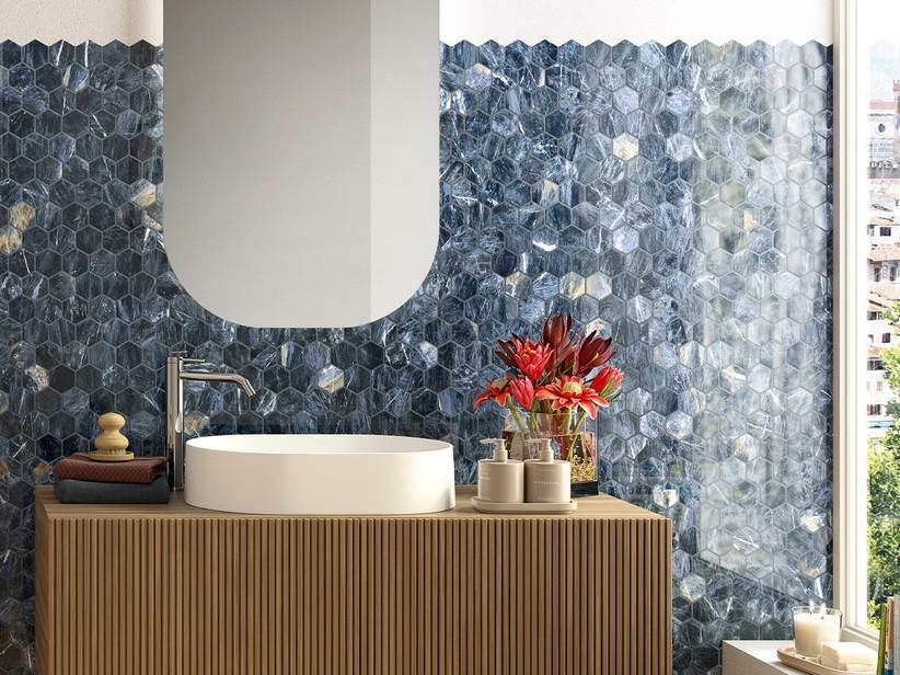Mosaïque Ocean Blue 29X27 grès cérame effet marbre bleu poli | IperCeramica