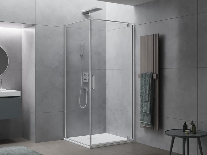 Cabine de douche d'angle Onda 80x70 H200 porte pivotante et paroi latérale verre 6 mm transparent et profilés chrome | IperCeramica