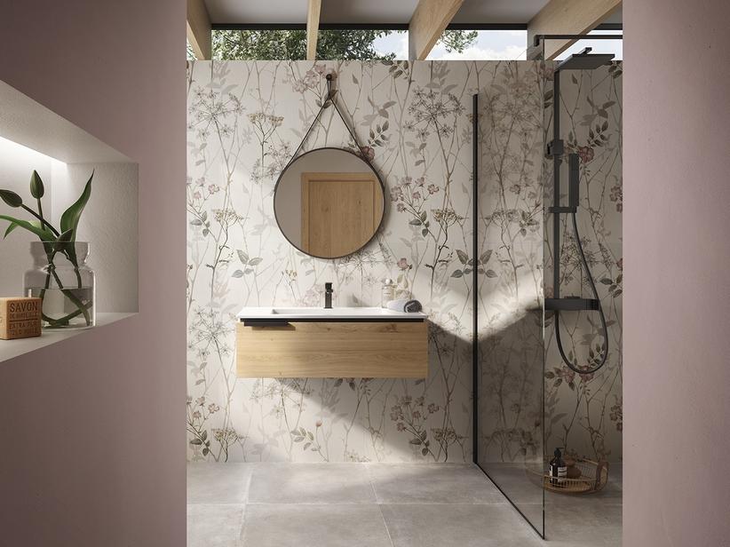 Meuble de salle de bain OXYGEN 90 cm 1 tiroir chêne naturel lavabo Unitop HIDE en résine effet pierre blanc | IperCeramica