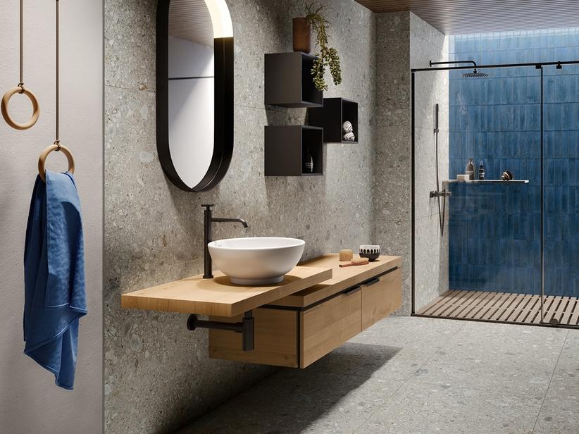 Tablette suspendue OXYGEN 90 cm, épaisseur 4,5 cm, en bois naturel chêne nœuds | IperCeramica