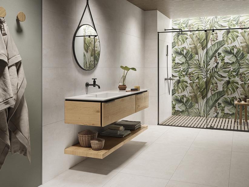 Meuble de salle de bain OXYGEN 140 cm 2 tiroirs chêne naturel nœuds et lavabo Unitop HIDE gauche résine blanc mat | IperCeramica