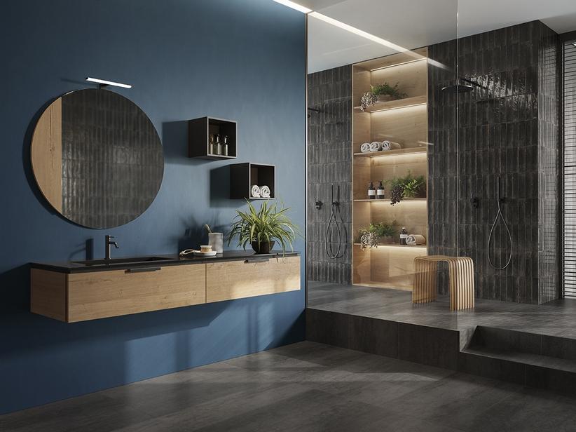 Meuble de salle de bain OXYGEN 160 cm 2 tiroirs et lavabo Unitop HIDE gauche en résine noir effet pierre | IperCeramica