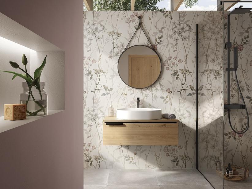 Meuble de salle de bain OXYGEN 90 cm 1 tiroir avec plateau de 4,5 cm en chêne naturel à nœuds | IperCeramica