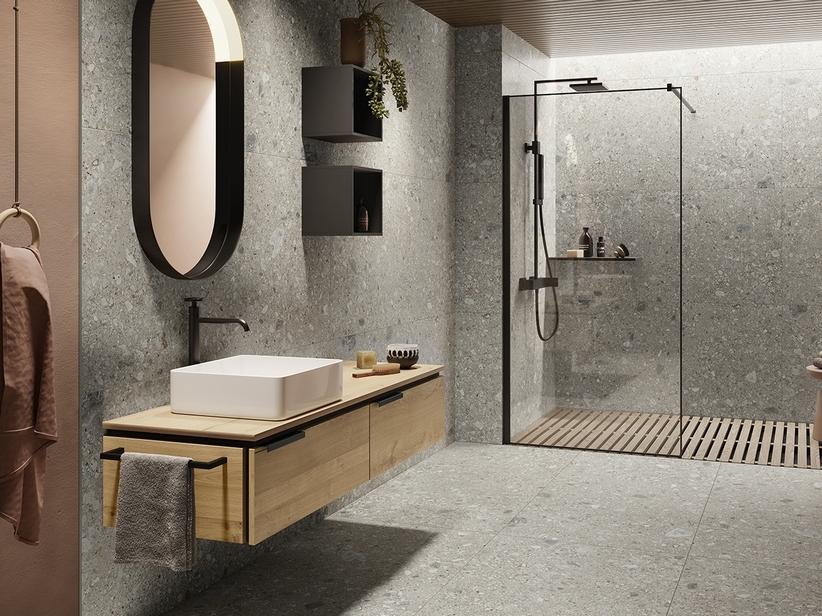 Meuble salle de bain OXYGEN 140 cm avec 2 tiroirs et un plateau de 1,8 cm en chêne naturel à nœuds | IperCeramica