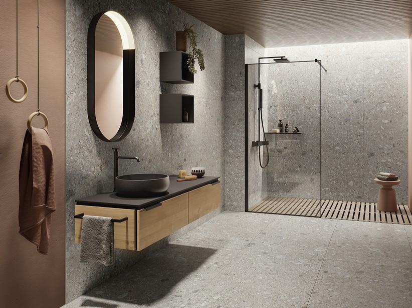 Meuble salle de bain OXYGEN 140 cm avec 2 tiroirs anthracite brillant et plan 1,2 en résine effet pierre noir | IperCeramica