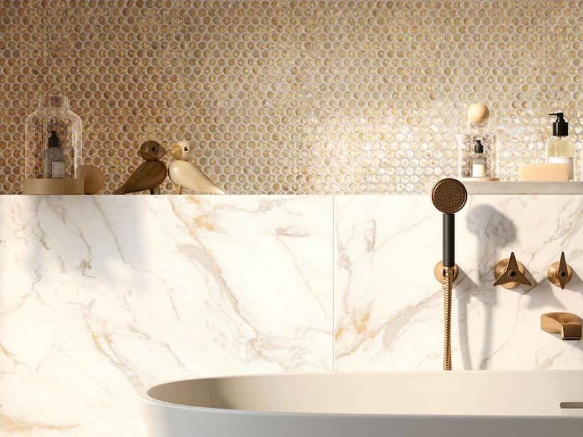 Mosaïque ronde en verre Penny Gold 28,6x28,6 cm doré avec feuille d'or | IperCeramica