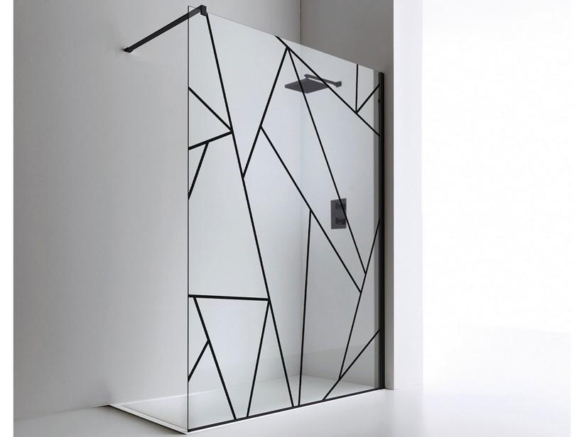 Paroi de douche à l'italienne Plano 90 cm H 200 Ext 86/88 verre 8 mm transparent sérigraphie géométrique noir mat | IperCeramica