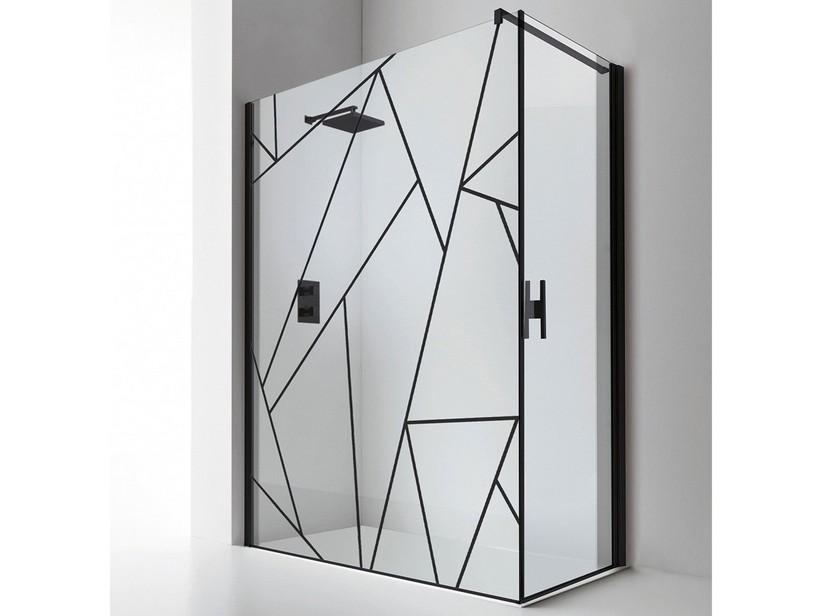 Cabine de douche d'angle Plano 90x90 H200 Ext 87/89 - 86/88 pte pivot. dte+paroi lat. verre sérig. géomé., prof. noir mat | IperCeramica