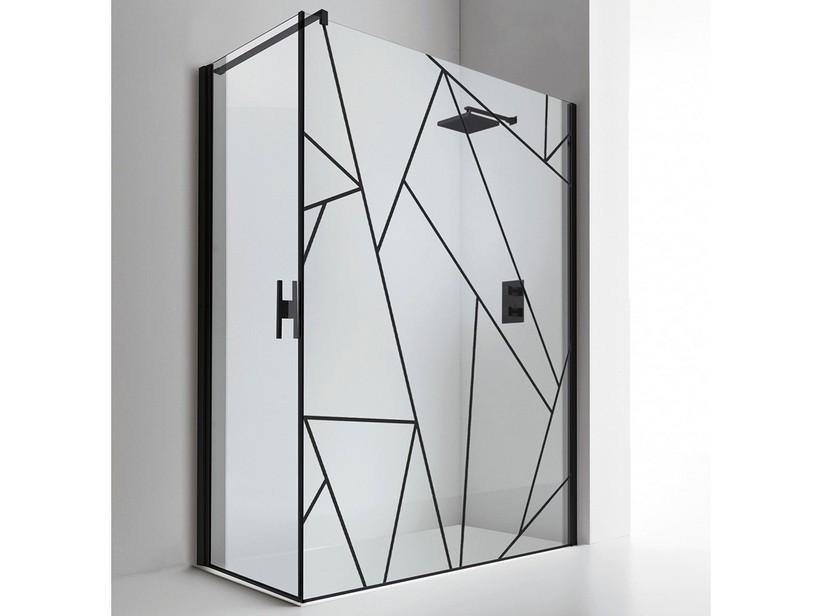 Cabine de douche d'angle Plano 90x90 H200 Ext 87/89 - 86/88 pte pivot. gau+paroi lat. verre sérig. géomé., prof. noir mat | IperCeramica