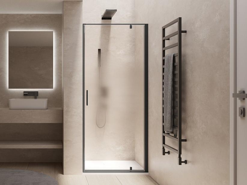Porte de douche pivotante Dado 90xH200 Ext 87/89 cm ouverture à droite verre satiné profilés noir mat | IperCeramica
