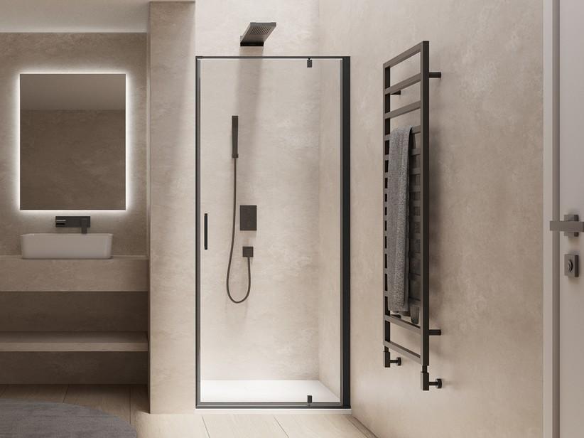 Porte de douche pivotante Dado 90 cm h200 Ext 87/89 cm ouverture à droite verre 8mm transparente noire mate | IperCeramica