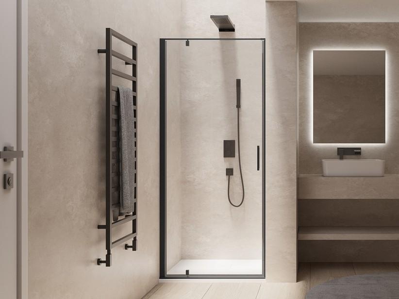 Porte de douche pivotante Dado 90 cm h200 Ext 87/89 cm ouverture à gauche verre 8mm transparente noire mate | IperCeramica