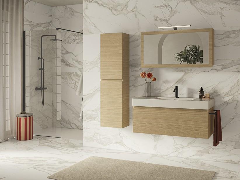 Meuble salle de bains Qubo 100 cm 1 tiroir chêne clair avec lavabo unitop résine vasque gauche blanc brillant | IperCeramica