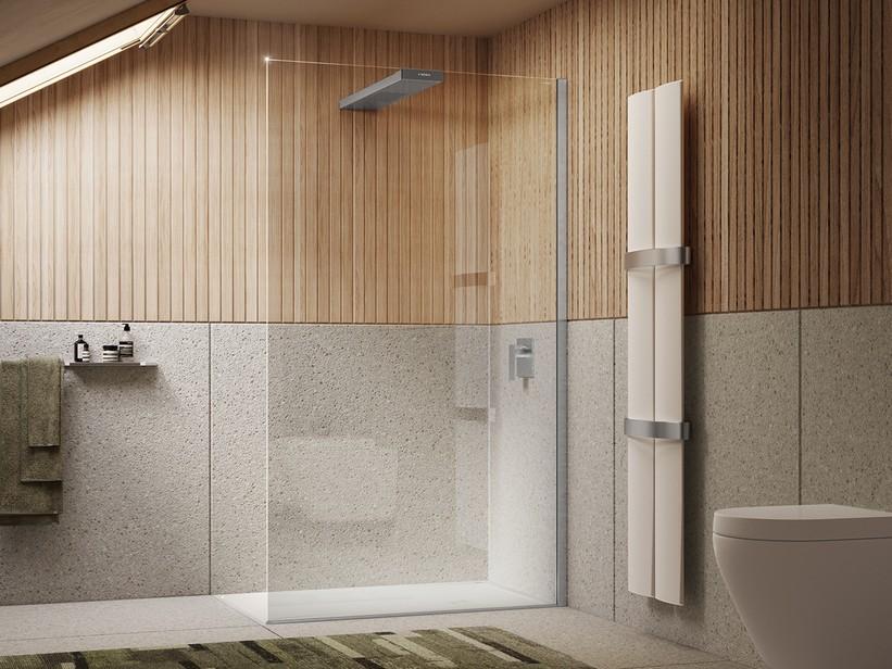 Douche à l'italienne Plano 140 cm verre transparent 8 mm avec pomme haute de douche intégrée 90 cm inox et profilés chrome | IperCeramica