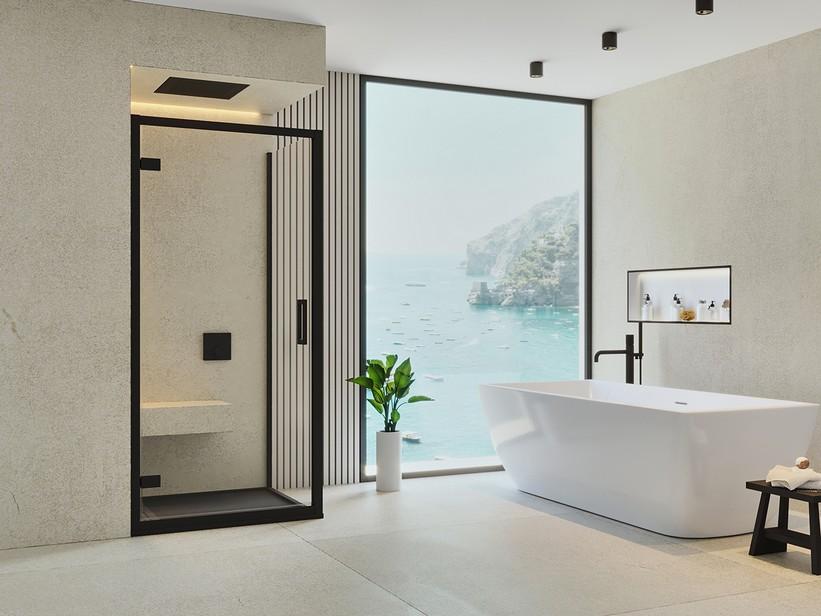 Cabine de douche d'angle Renu 80x80 H195 Ext 74/80 - 77/80 porte battante et paroi fixe verre 8 mm transparent noir mat | IperCeramica