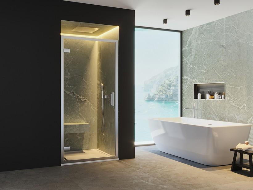 Porte de douche battante Renu 90xH195 Ext 84/90 cm verre 8mm transparent chrome | IperCeramica