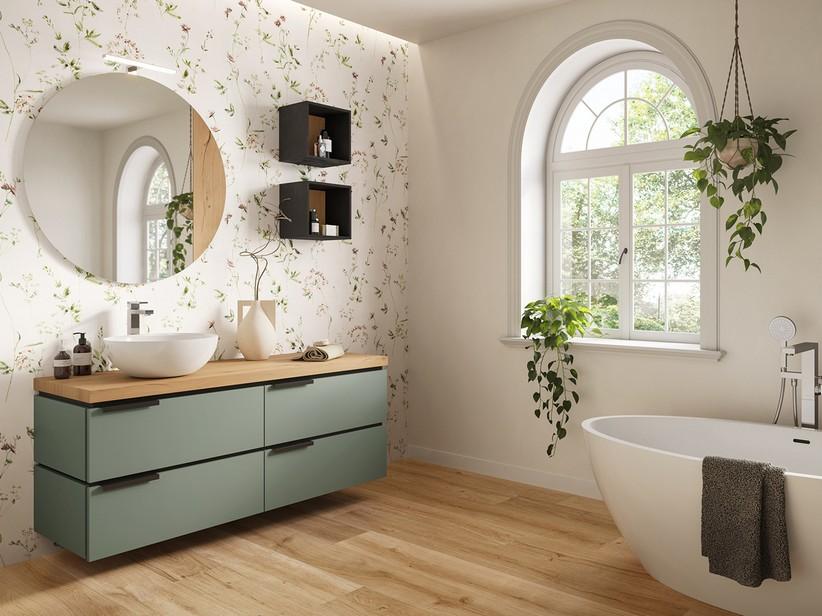 Meuble salle de bains TOUCH/OXYGEN 140 cm 4 tiroirs vert sauge mat top 4,5 cm chêne | IperCeramica