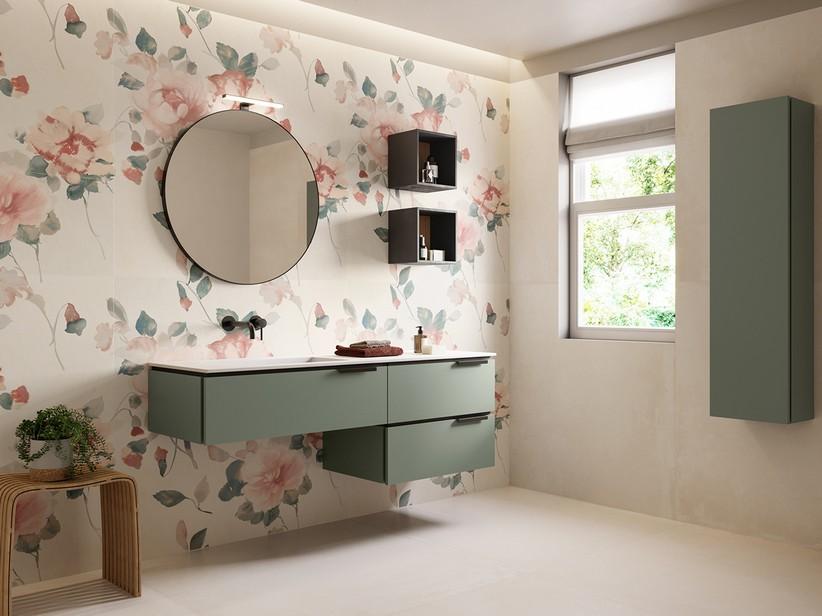 Meuble sous-vasque TOUCH 160 cm 3 tiroirs vert sauge mat plan vasque à gauche Unitop HIDE effet pierre blanc | IperCeramica
